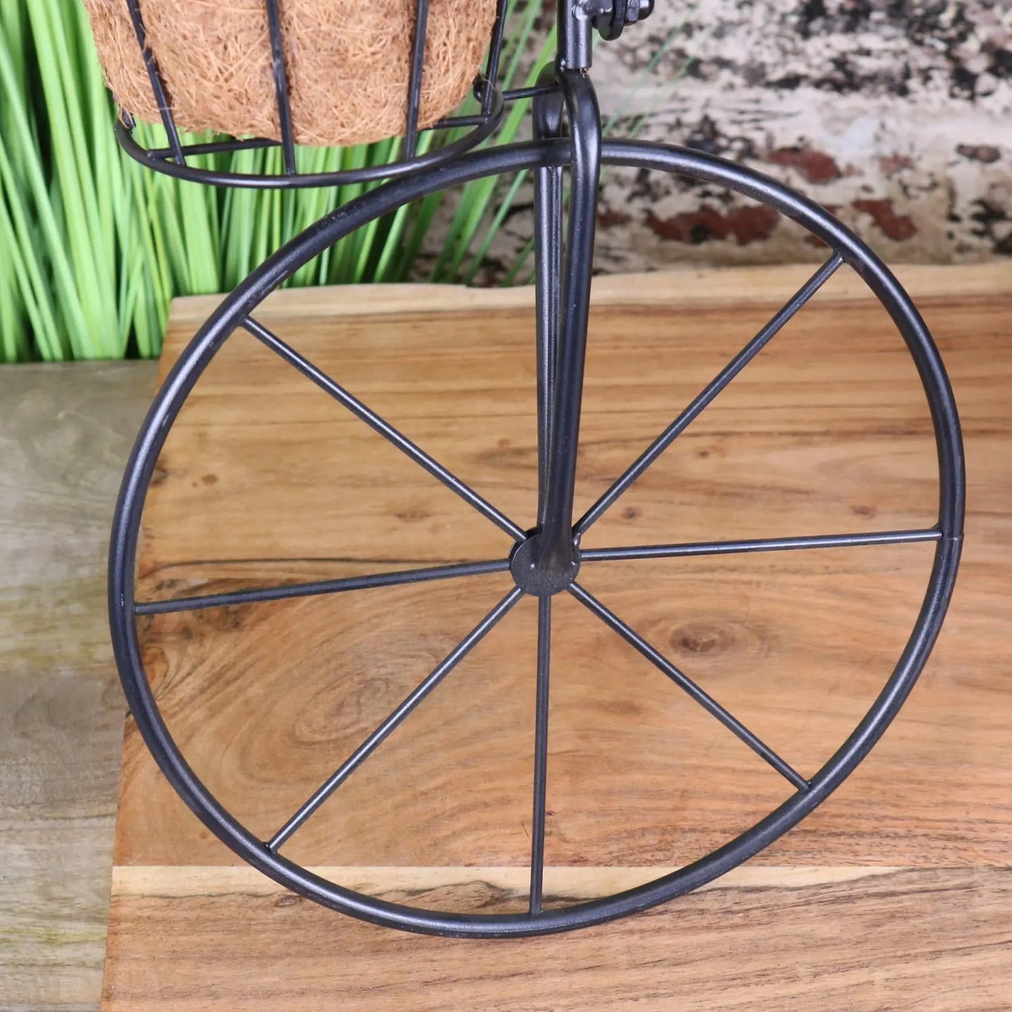 Bike Planter Metal Vintage Black - Front Wheel Closeup