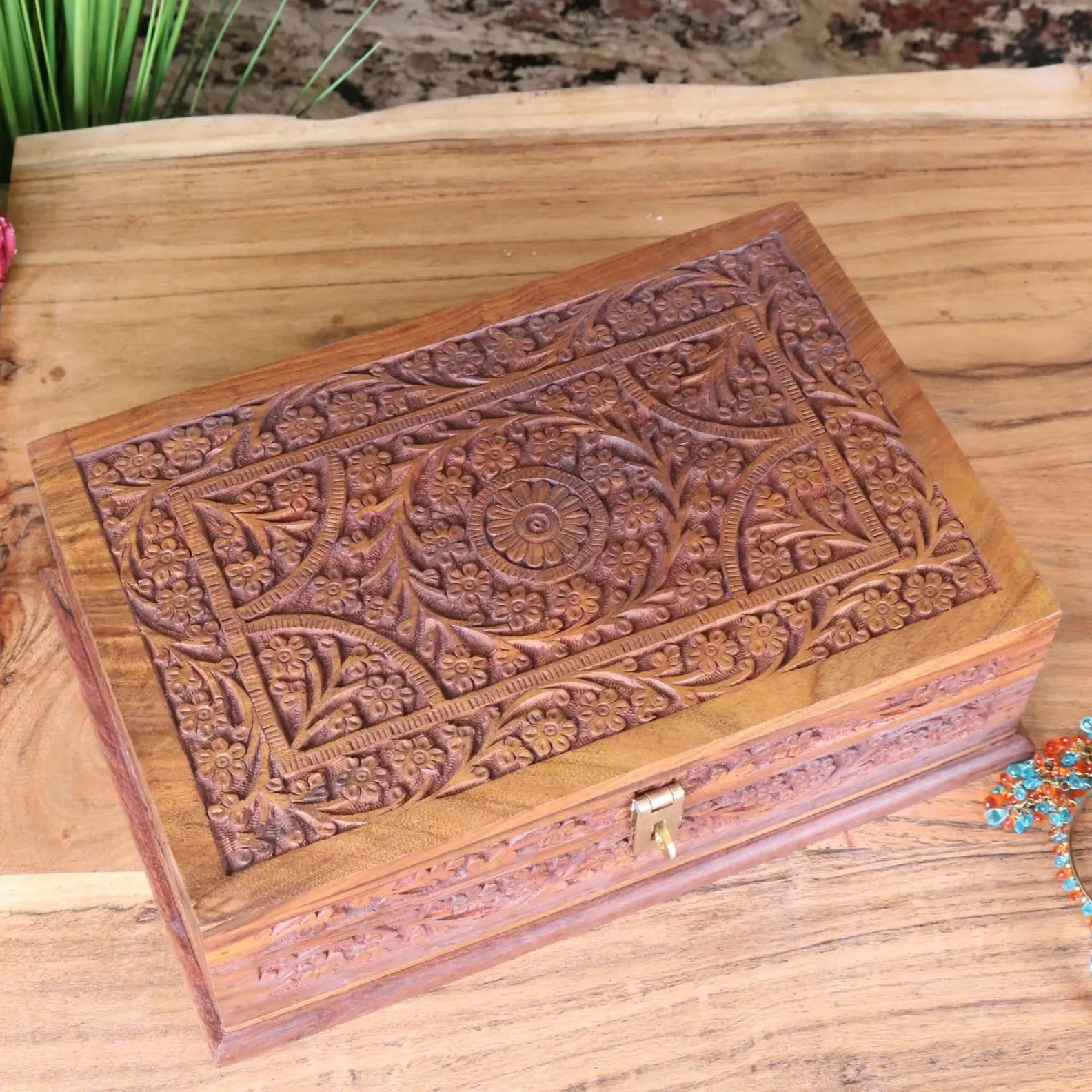 Nalanda Sheesham Wood Intricately Carved Jewellery Box - Top View