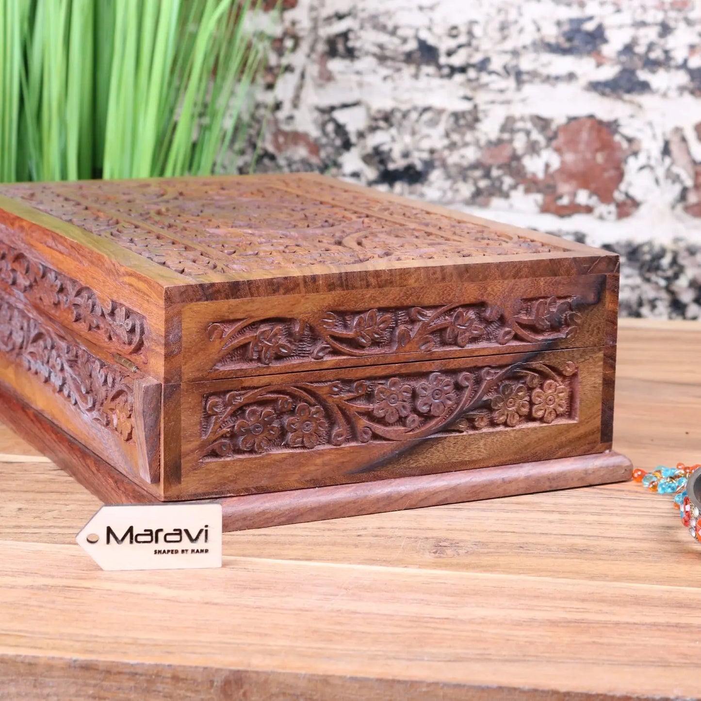 Nalanda Sheesham Wood Intricately Carved Jewellery Box - Side View