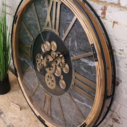 Industrial Extra Large 112cm Cog Clock Gold and Grey - Angled Side View