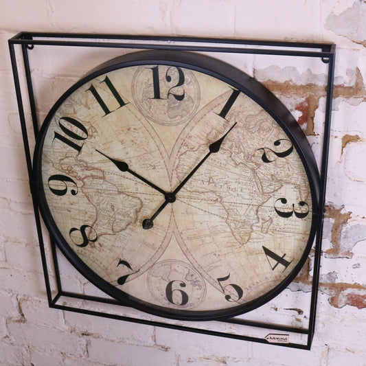 Industrial Style World Map Wall Clock - Angled Top View
