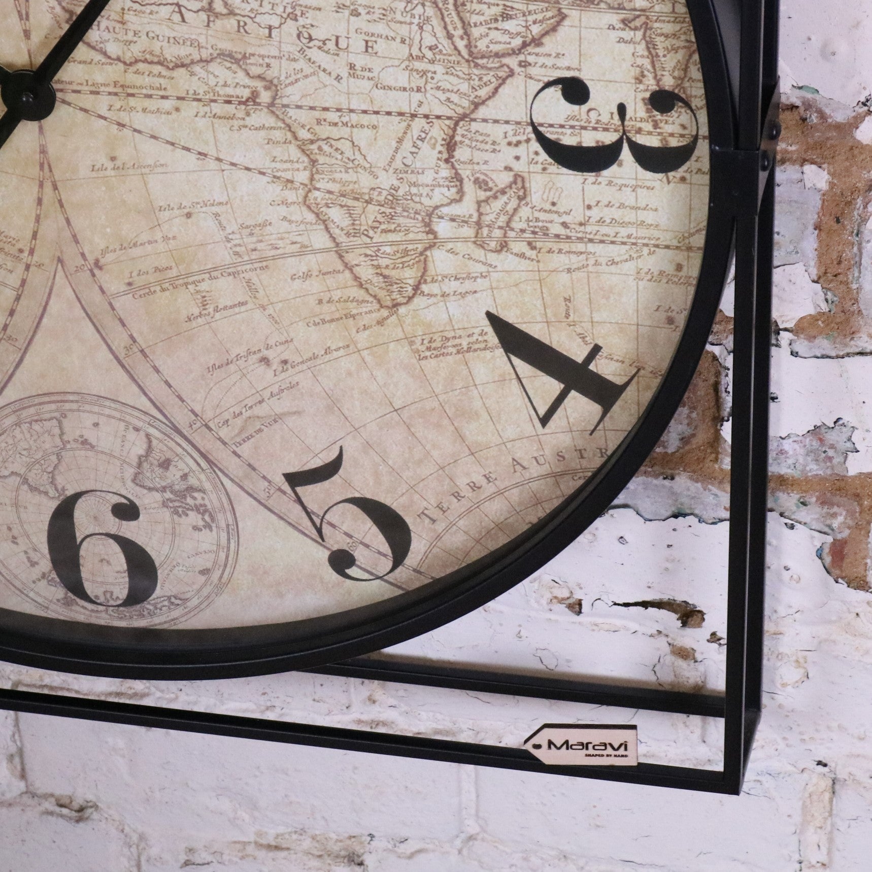 Industrial Style World Map Wall Clock - Closeup of Corner