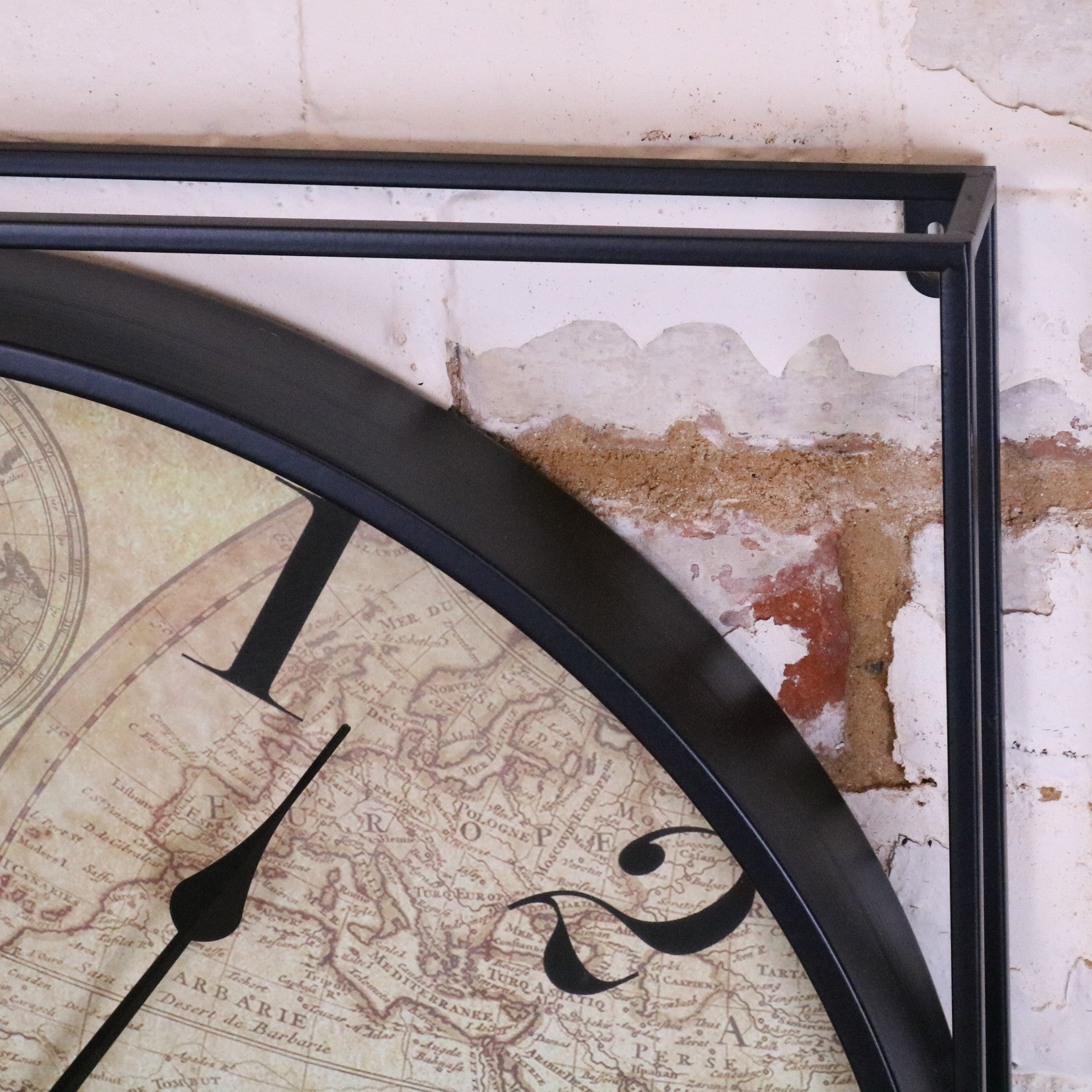 Industrial Style World Map Wall Clock - Closeup of Top Corner