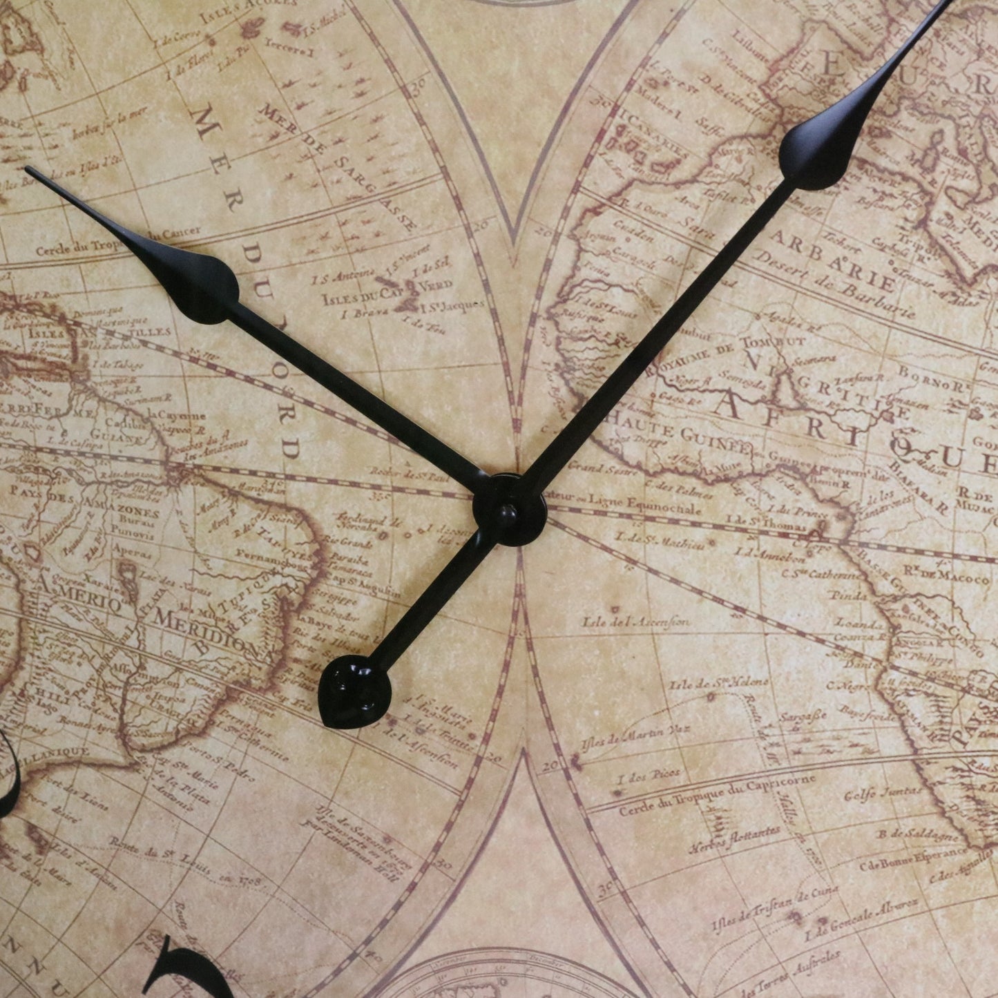 Industrial Style World Map Wall Clock - Closeup of Clock Hands