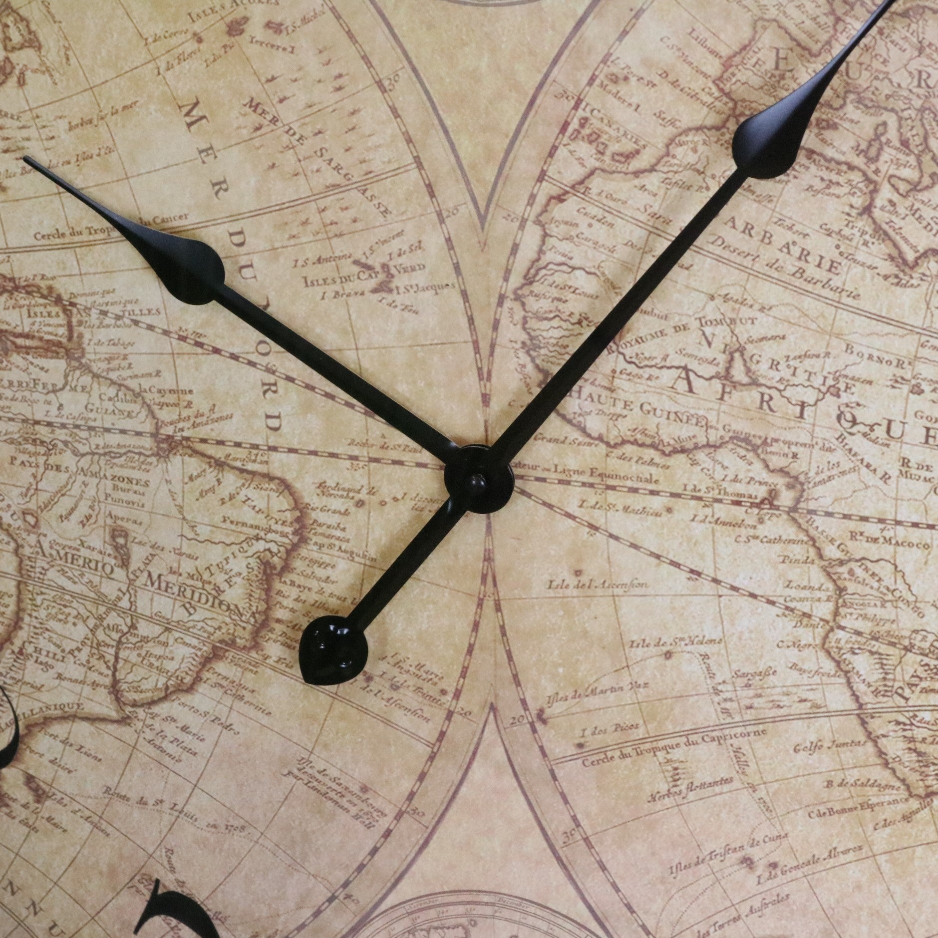 Industrial Style World Map Wall Clock - Closeup of Clock Hands