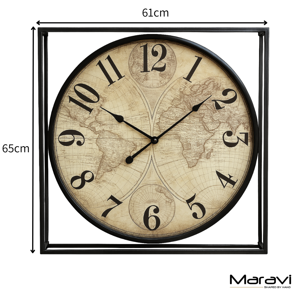 Industrial Style World Map Wall Clock - Dimensions