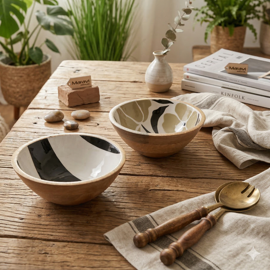 Ishvara Enamel Wooden Serving Bowl Set of 2 Neutral Floral - Lifestyle Image