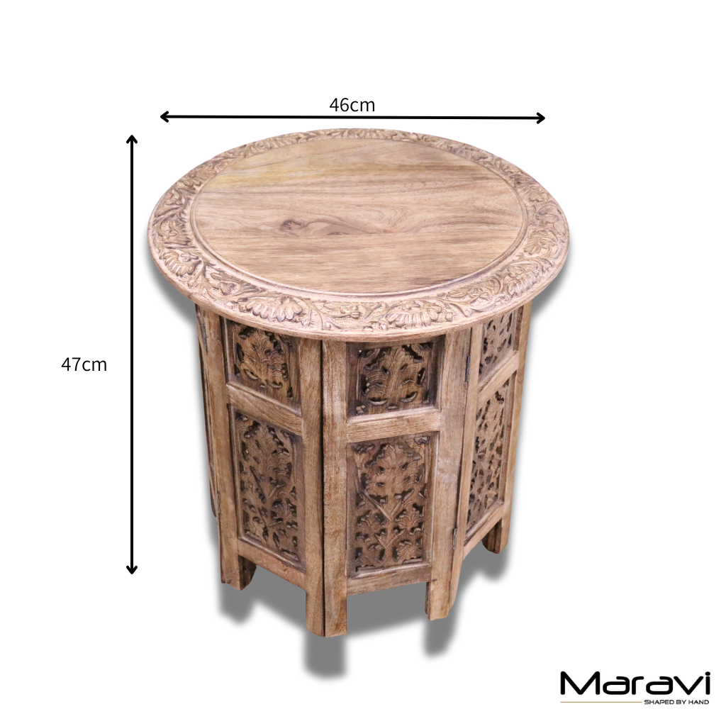 Jenari Large Mango Wood Side Table Leaf Carving - Dimensions