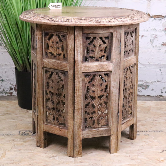 Jenari Large Mango Wood Side Table Leaf Carving - Front View