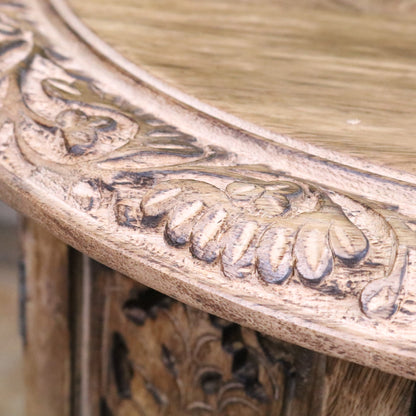 Jenari Large Mango Wood Side Table Leaf Carving - Closeup of Border Carving