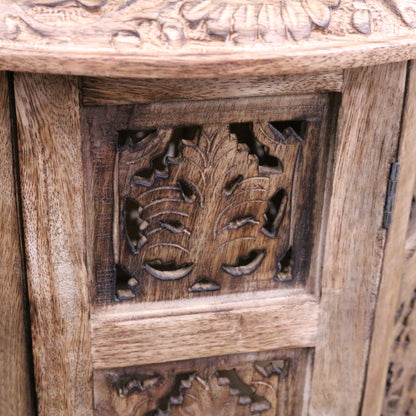 Jenari Large Mango Wood Side Table Leaf Carving - Closeup of Leaf Carving