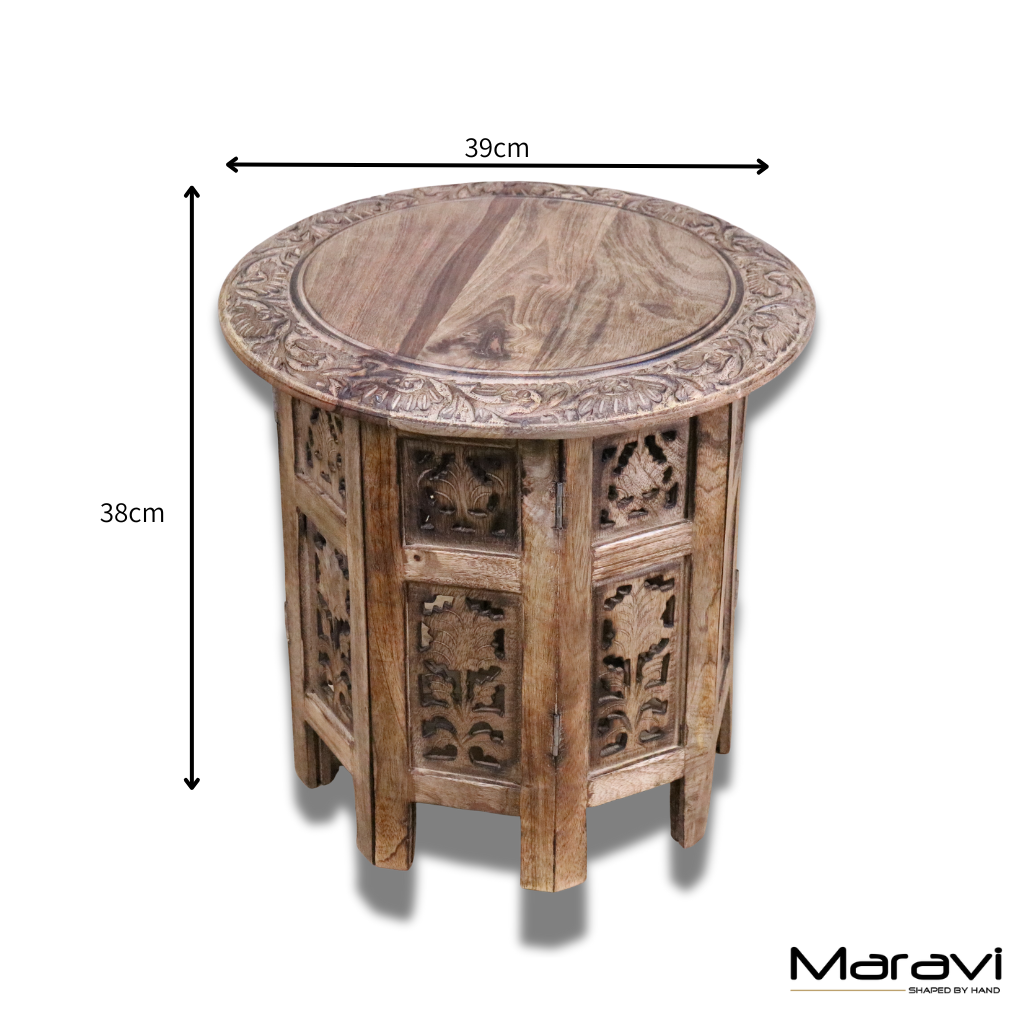 Jenari Medium Mango Wood Side Table Leaf Carving - Dimensions