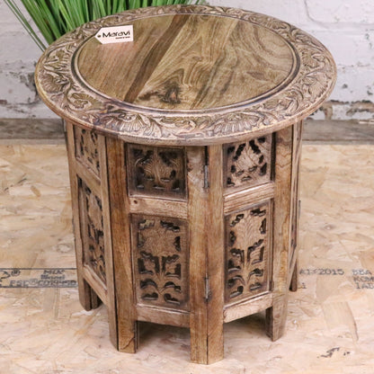 Jenari Medium Mango Wood Side Table Leaf Carving - Main Image