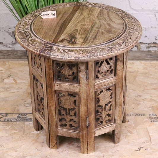 Jenari Medium Mango Wood Side Table Leaf Carving - Main Image