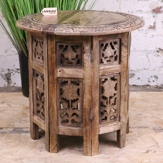 Jenari Medium Mango Wood Side Table Leaf Carving - Front View