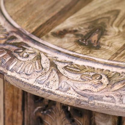 Jenari Medium Mango Wood Side Table Leaf Carving - Closeup of Border Carving