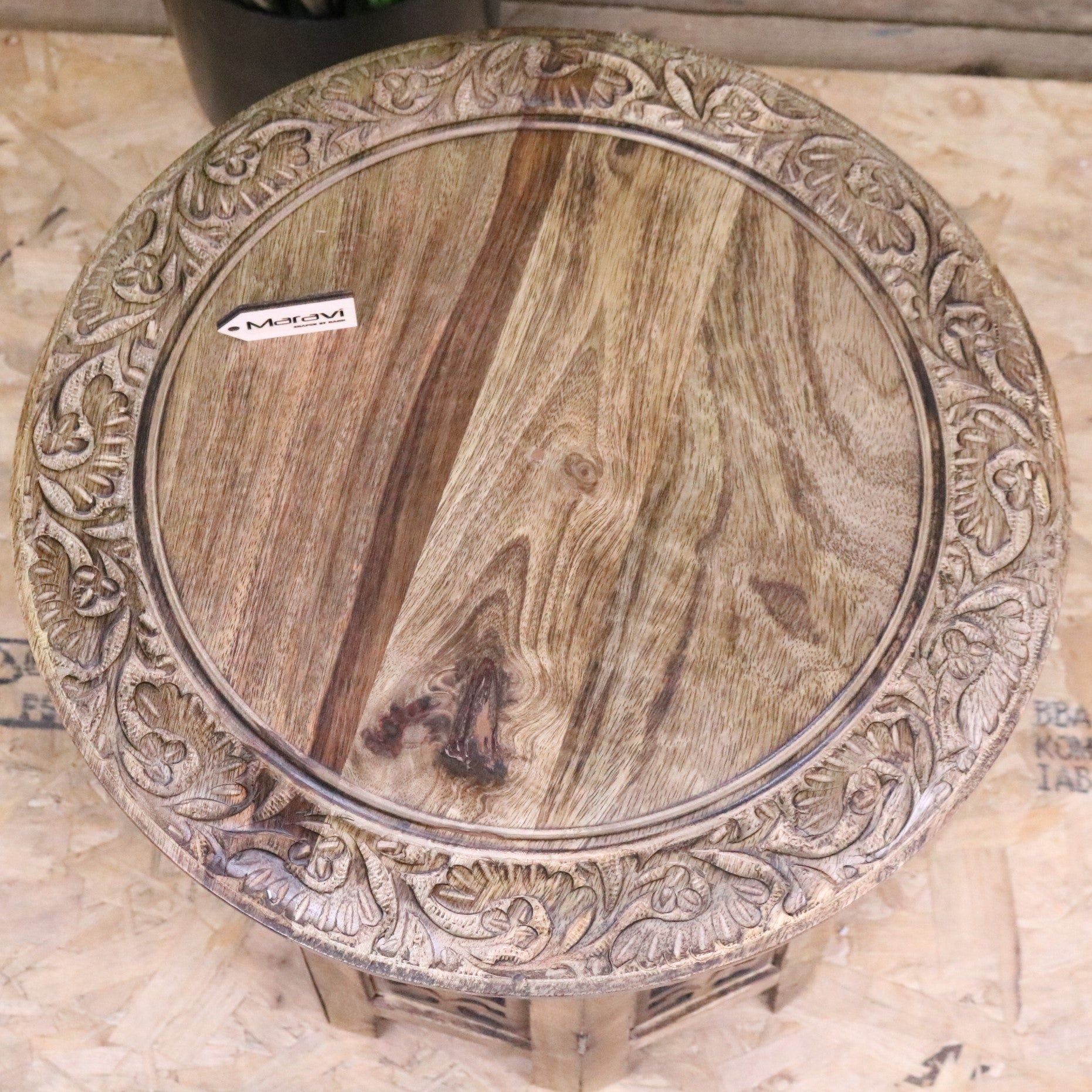 Jenari Medium Mango Wood Side Table Leaf Carving - Top View