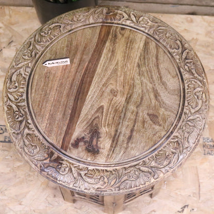Jenari Medium Mango Wood Side Table Leaf Carving - Top View