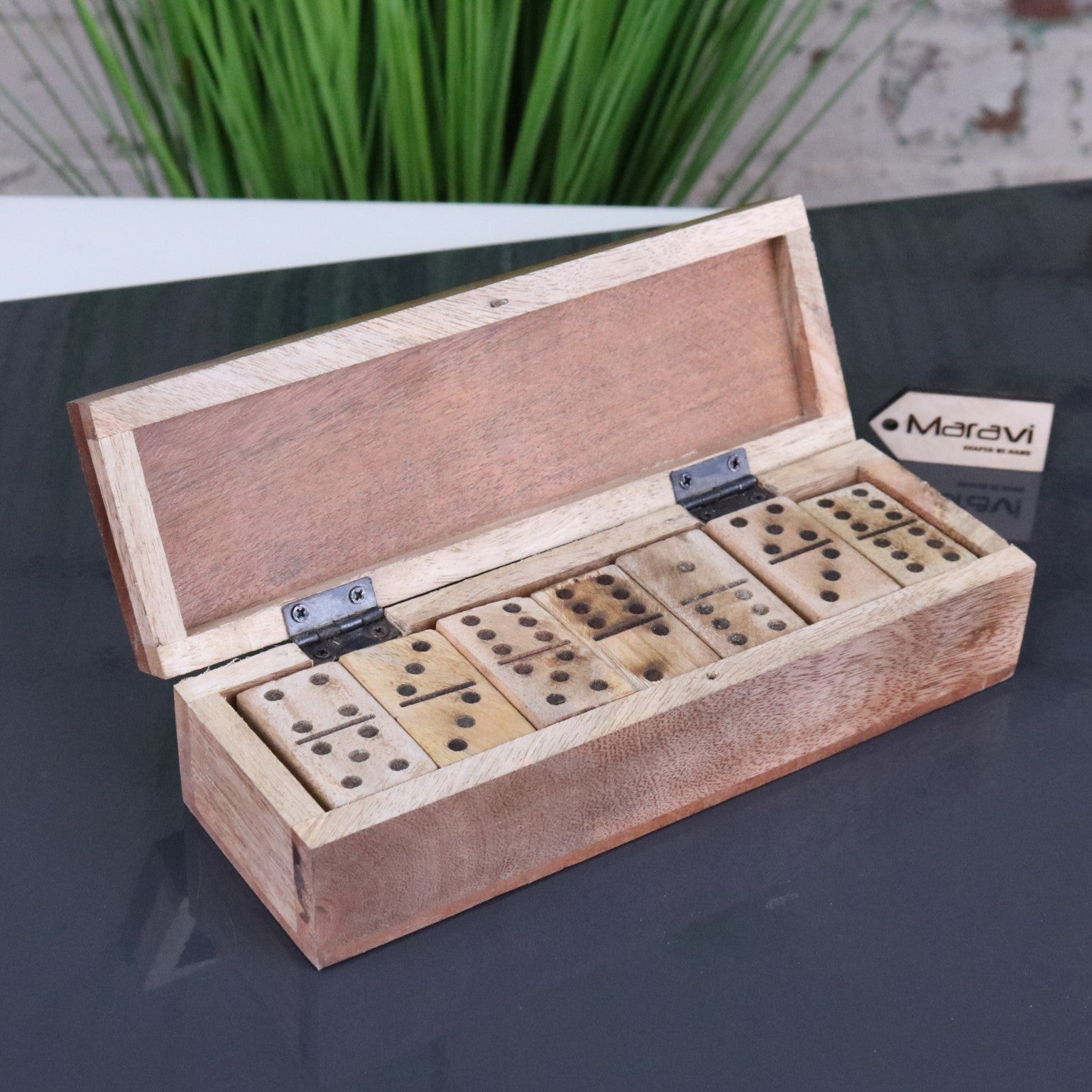 Jeyra Wooden Dominoes Set - Showing box open with Dominoes stacked inside