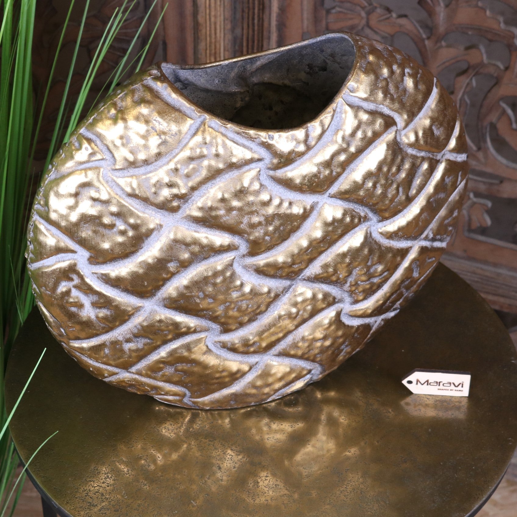 Jora Gold Oval Vase Embossed Metal - Top View