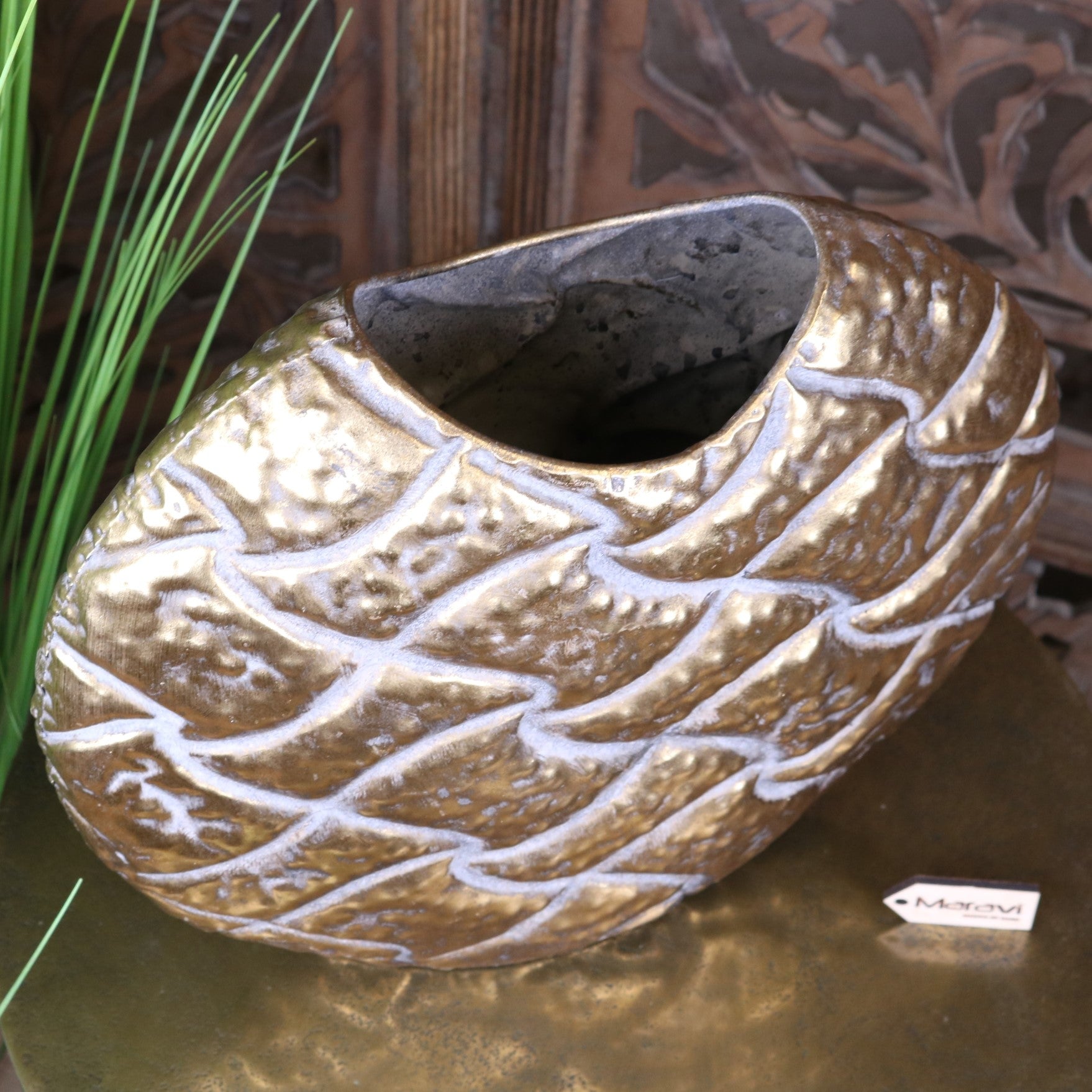 Jora Gold Oval Vase Embossed Metal - Top View 2
