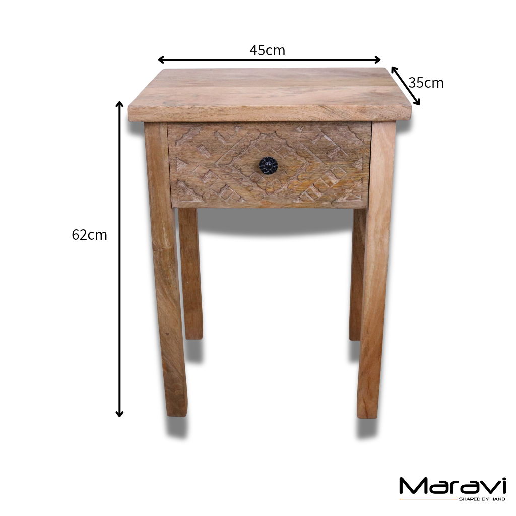 Kairav Mango Wood Bedside Table with Drawer - Dimensions