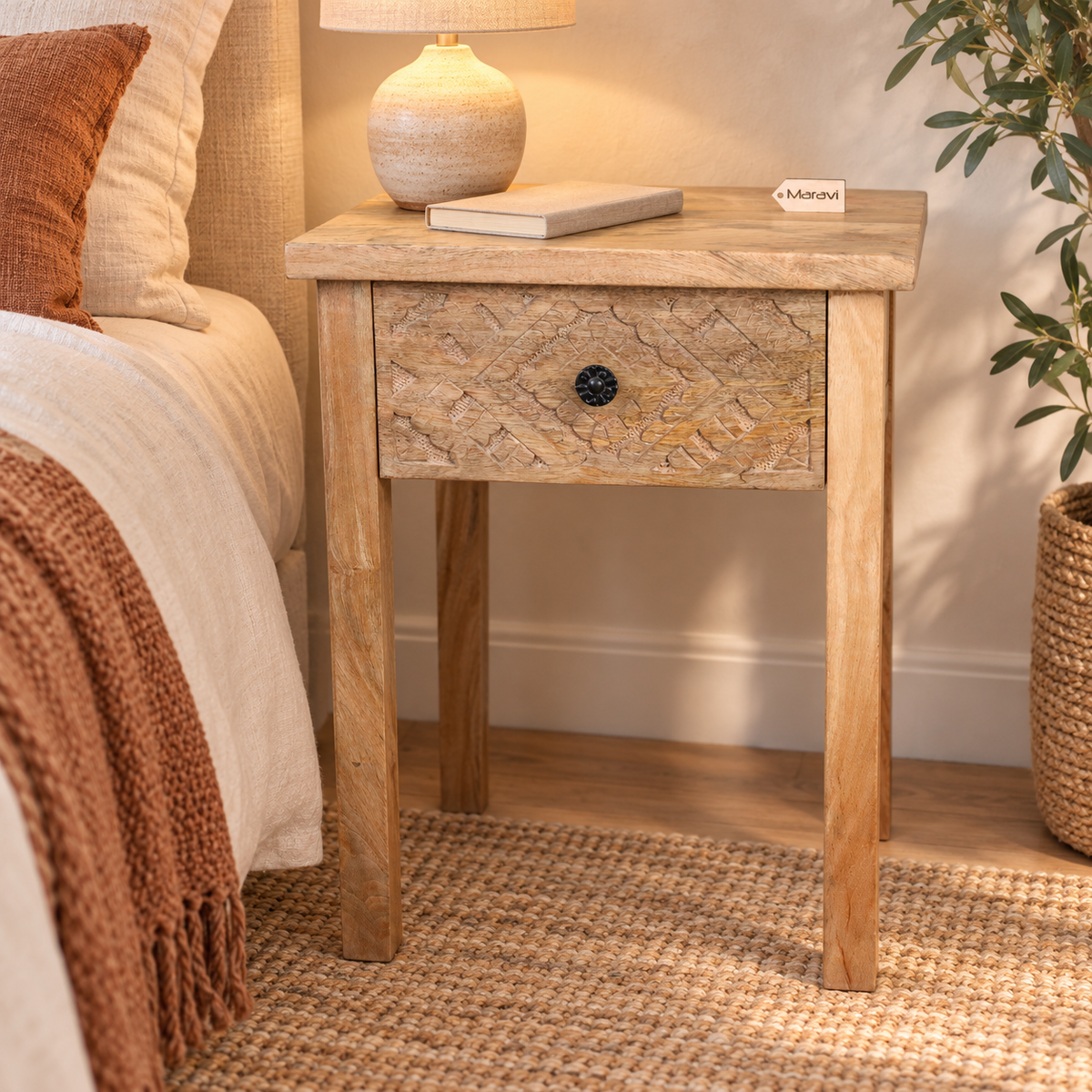 Kairav Mango Wood Bedside Table with Drawer - Lifestyle Image