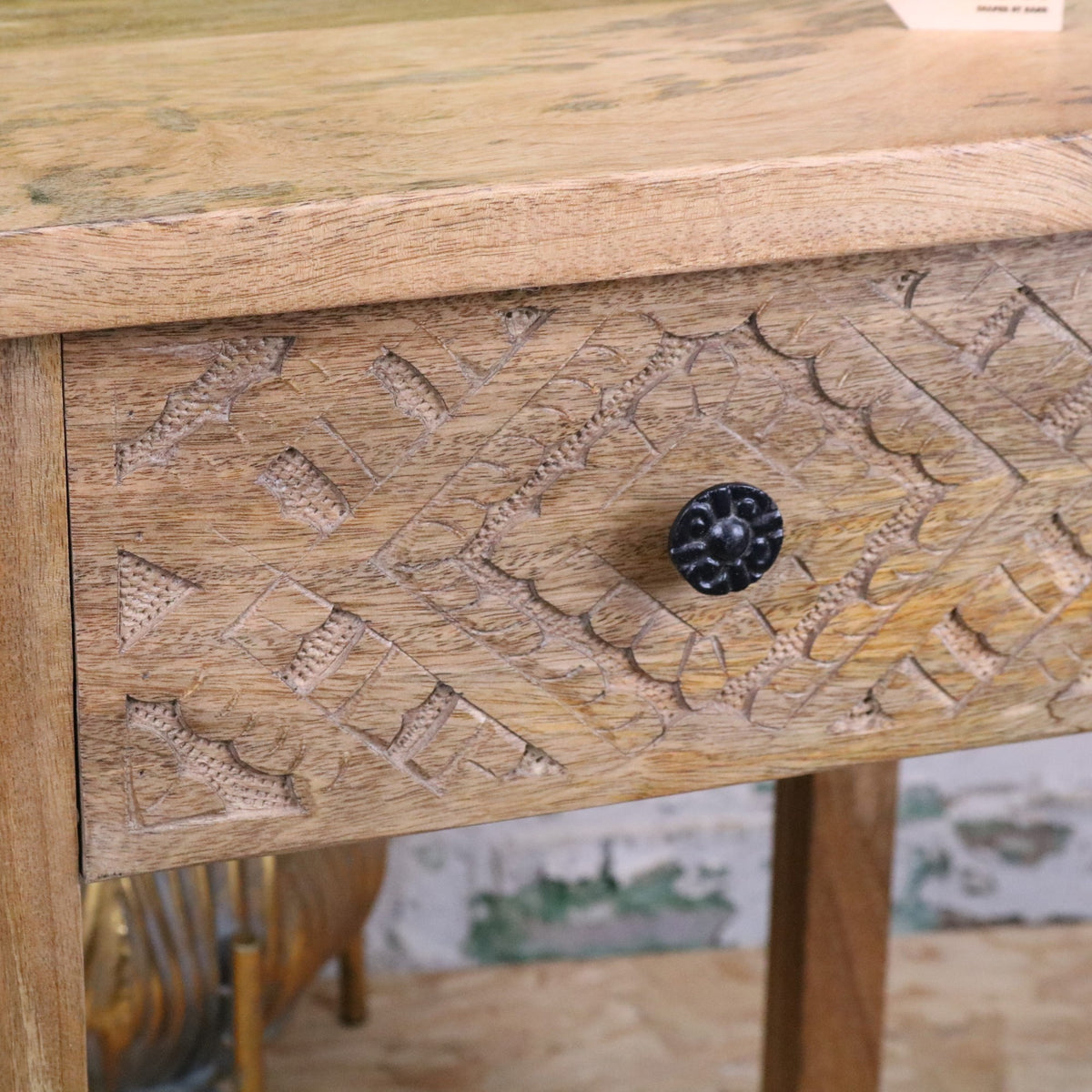 Kairav Mango Wood Bedside Table with Drawer - Closeup of Carved Design