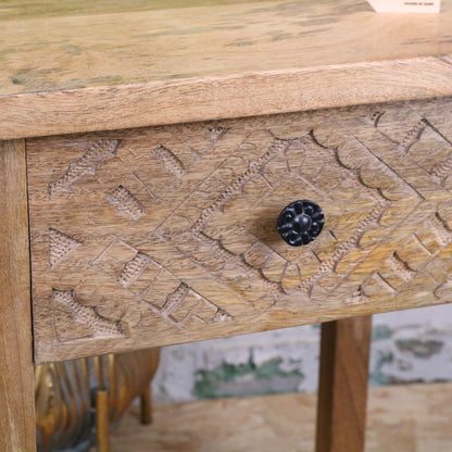 Kairav Mango Wood Bedside Table with Drawer - Closeup of Carved Design