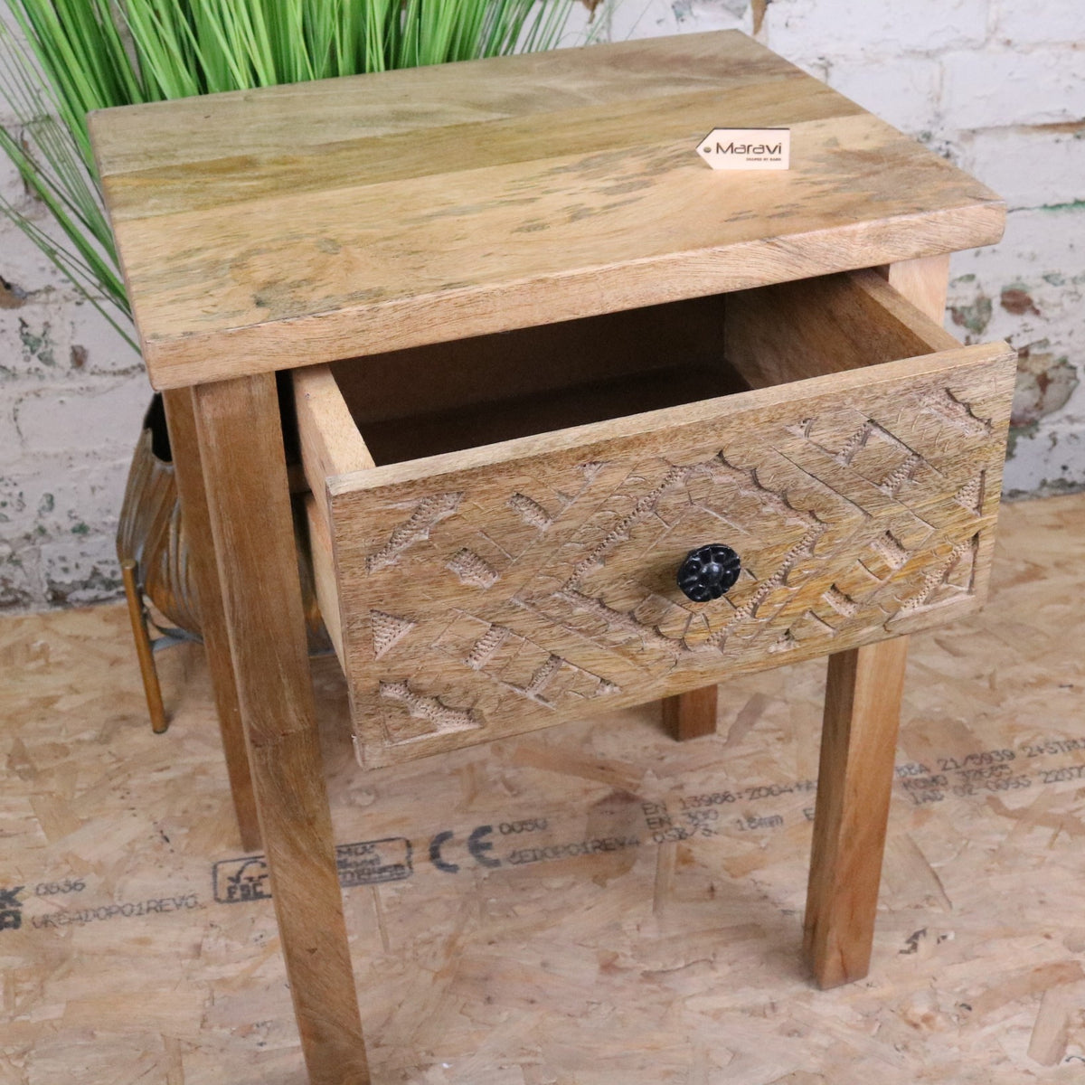 Kairav Mango Wood Bedside Table with Drawer - Front View Drawer Open