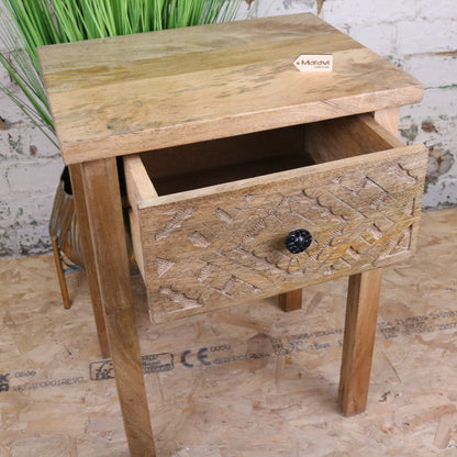 Kairav Mango Wood Bedside Table with Drawer - Front View Drawer Open