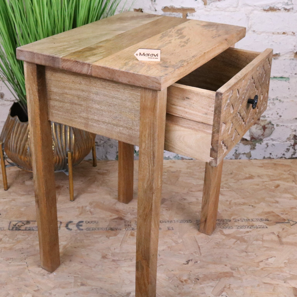 Kairav Mango Wood Bedside Table with Drawer - Side View Drawer Open