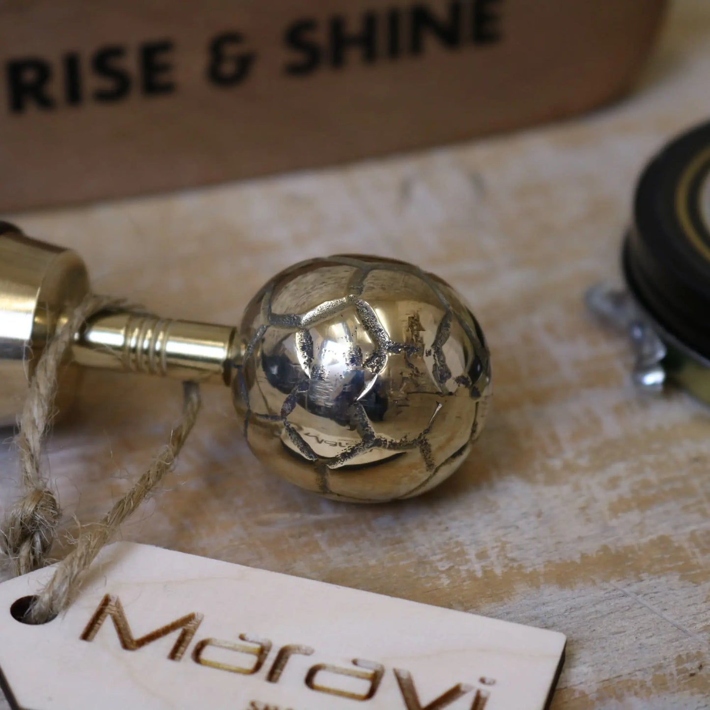 Kalanka Long Shoe Horn Wooden Brass - Football Design Closeup