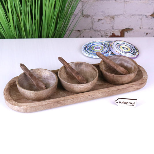 Karuna Mango Wood Serving Bowl Set of 3 with Tray - Main Image