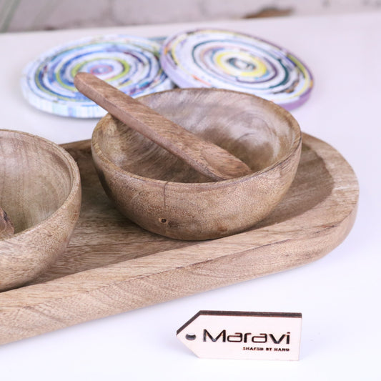 Karuna Mango Wood Serving Bowl Set of 3 with Tray - Closeup of Bowl on Tray