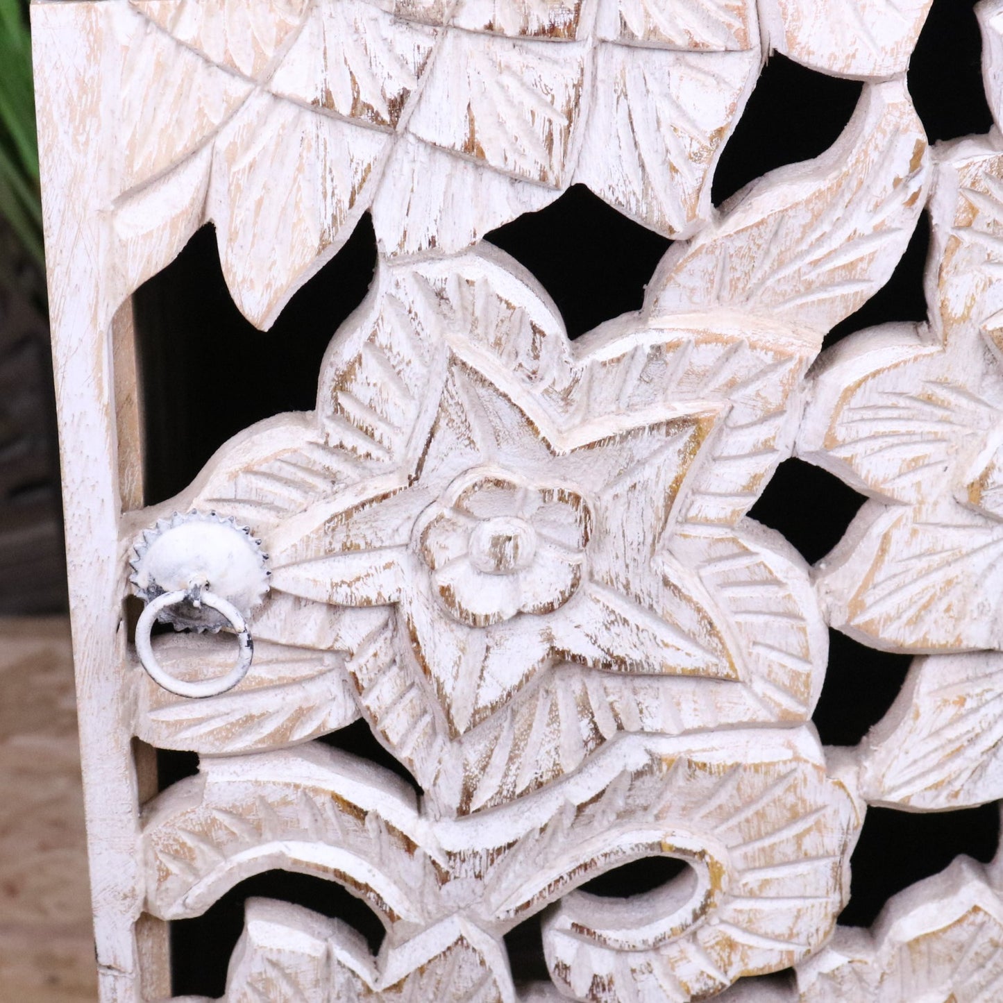 Kheda Mango Wood Bedside Cabinet Distressed White - Closeup of Left Side Flower Carving