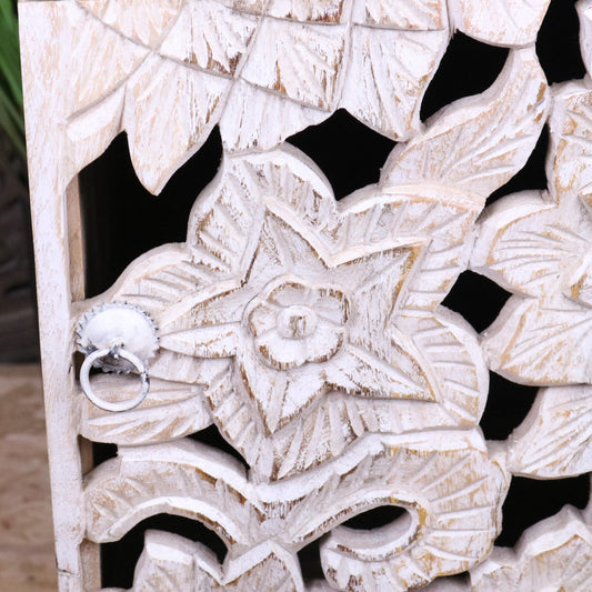 Kheda Mango Wood Bedside Cabinet Distressed White - Closeup of Left Side Flower Carving