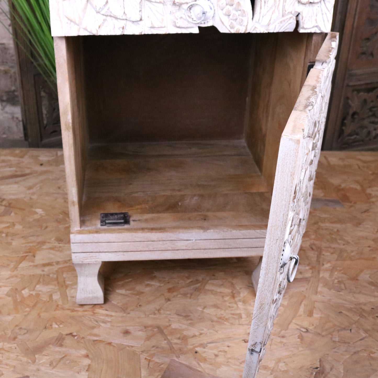 Kheda Mango Wood Bedside Cabinet Distressed White - Door Opened