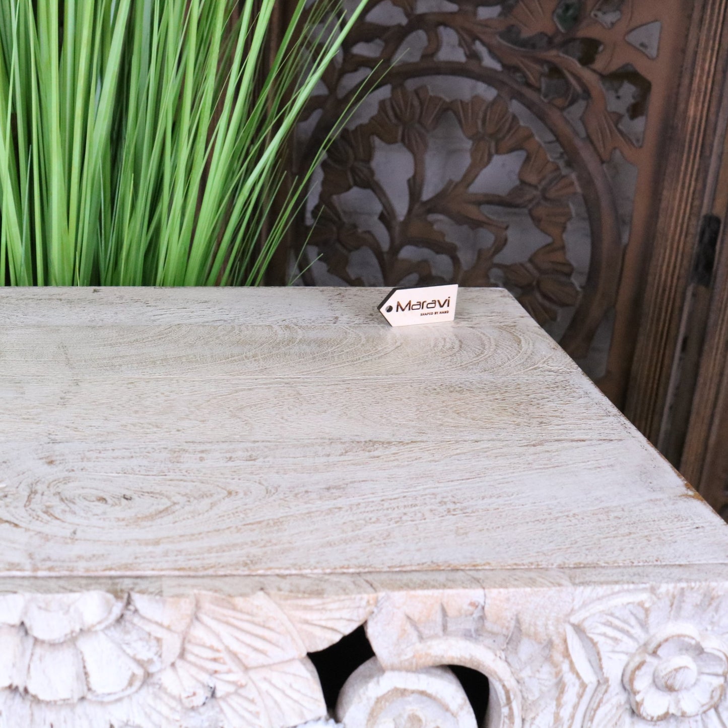 Kheda Mango Wood Bedside Cabinet Distressed White - Closeup of Tabletop
