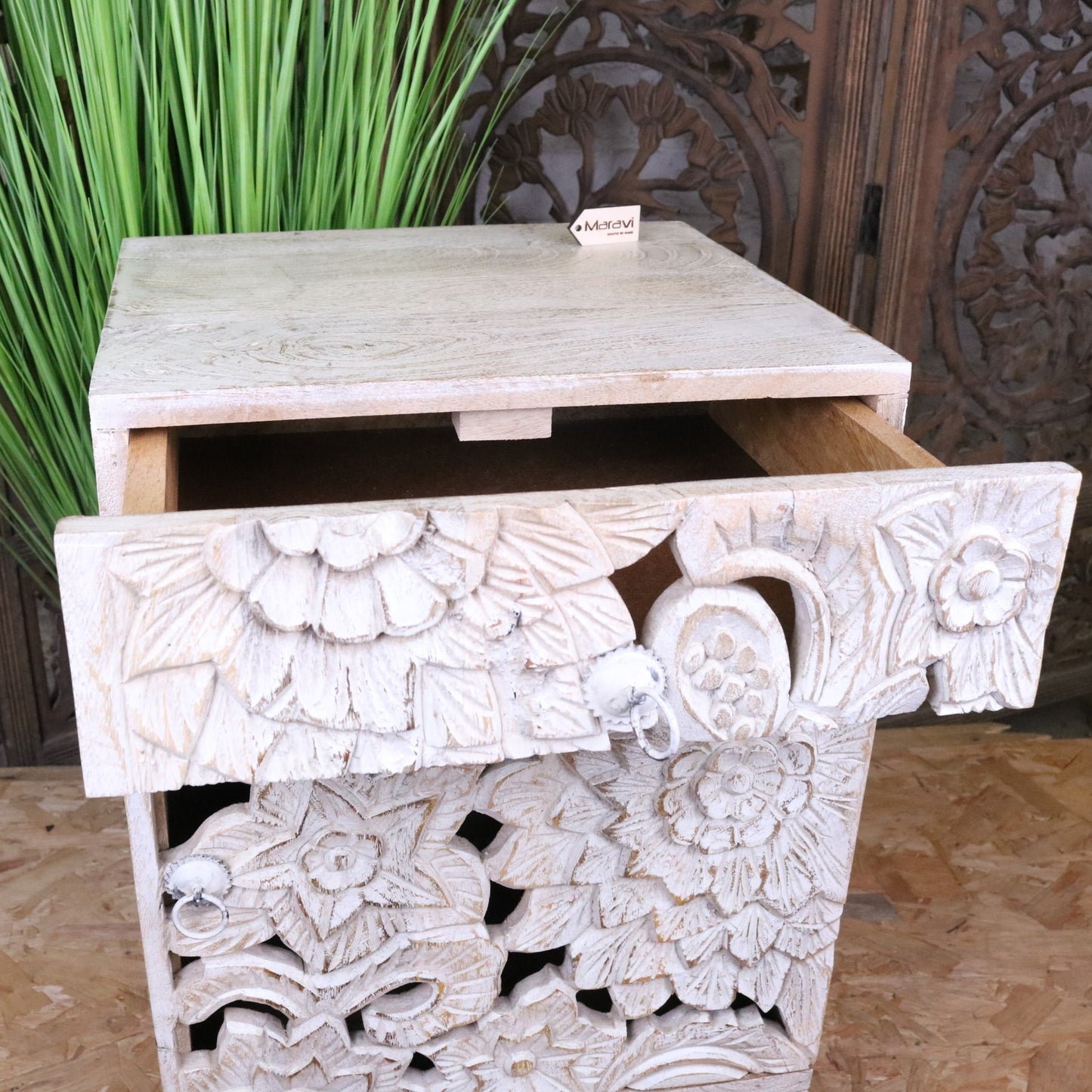 Kheda Mango Wood Bedside Cabinet Distressed White - Drawer Open