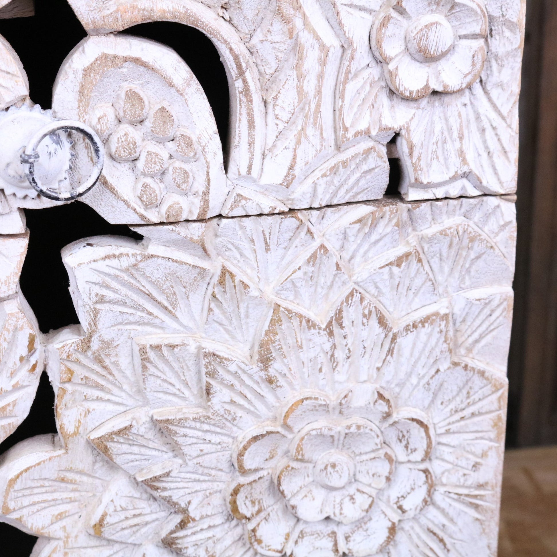 Kheda Mango Wood Bedside Cabinet Distressed White - Closeup of Large Flower Carving