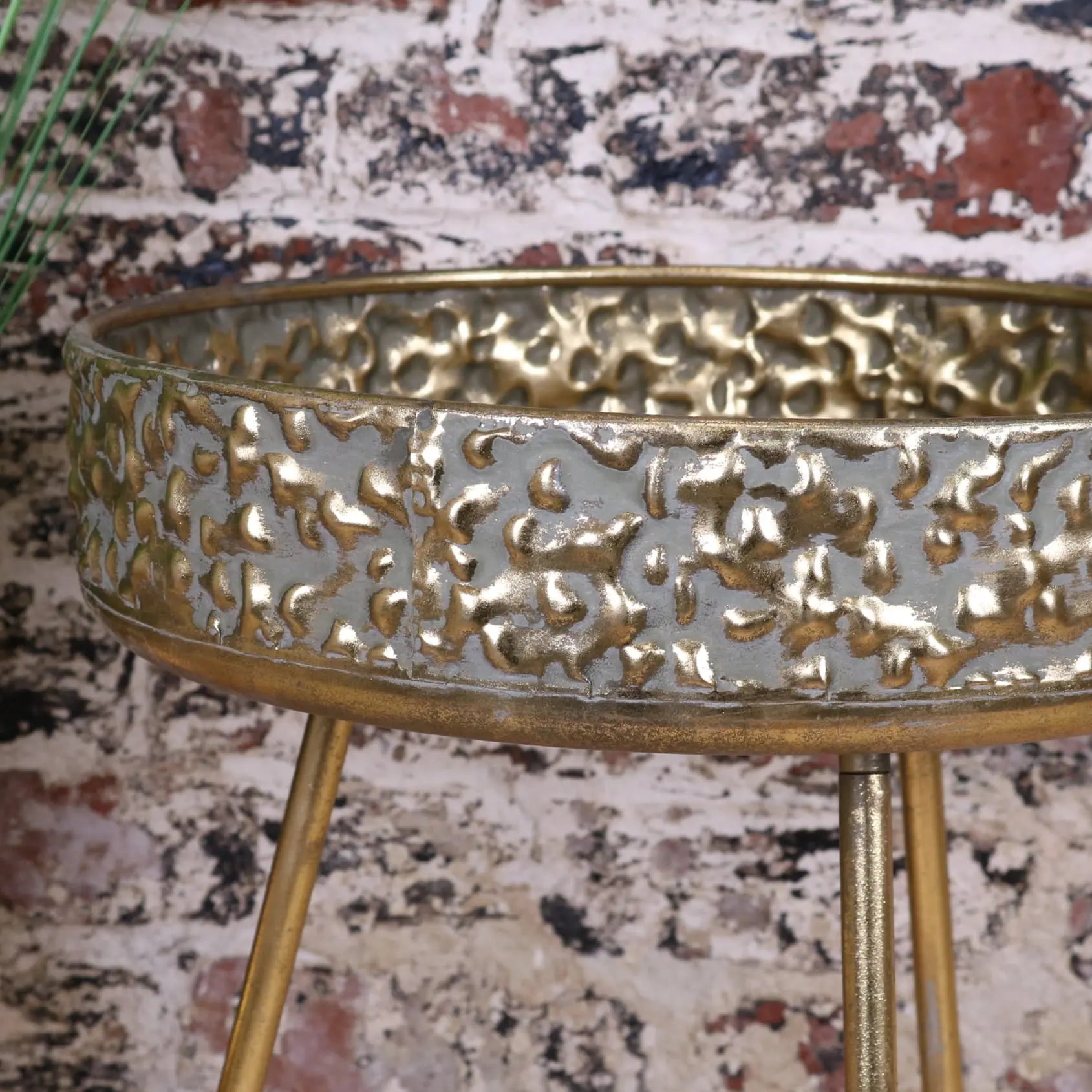 Kovalam Bowl Style Side Table Antiqued Gold - Closeup of Sidewall