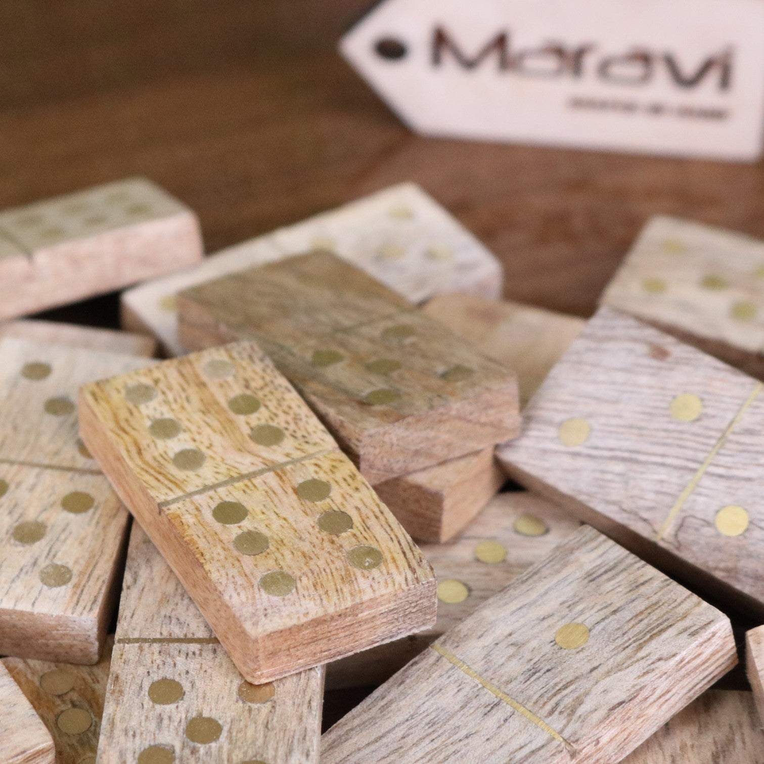 Kumari Wooden Domino Set with Box - Closeup of Inlay on Domino Tiles