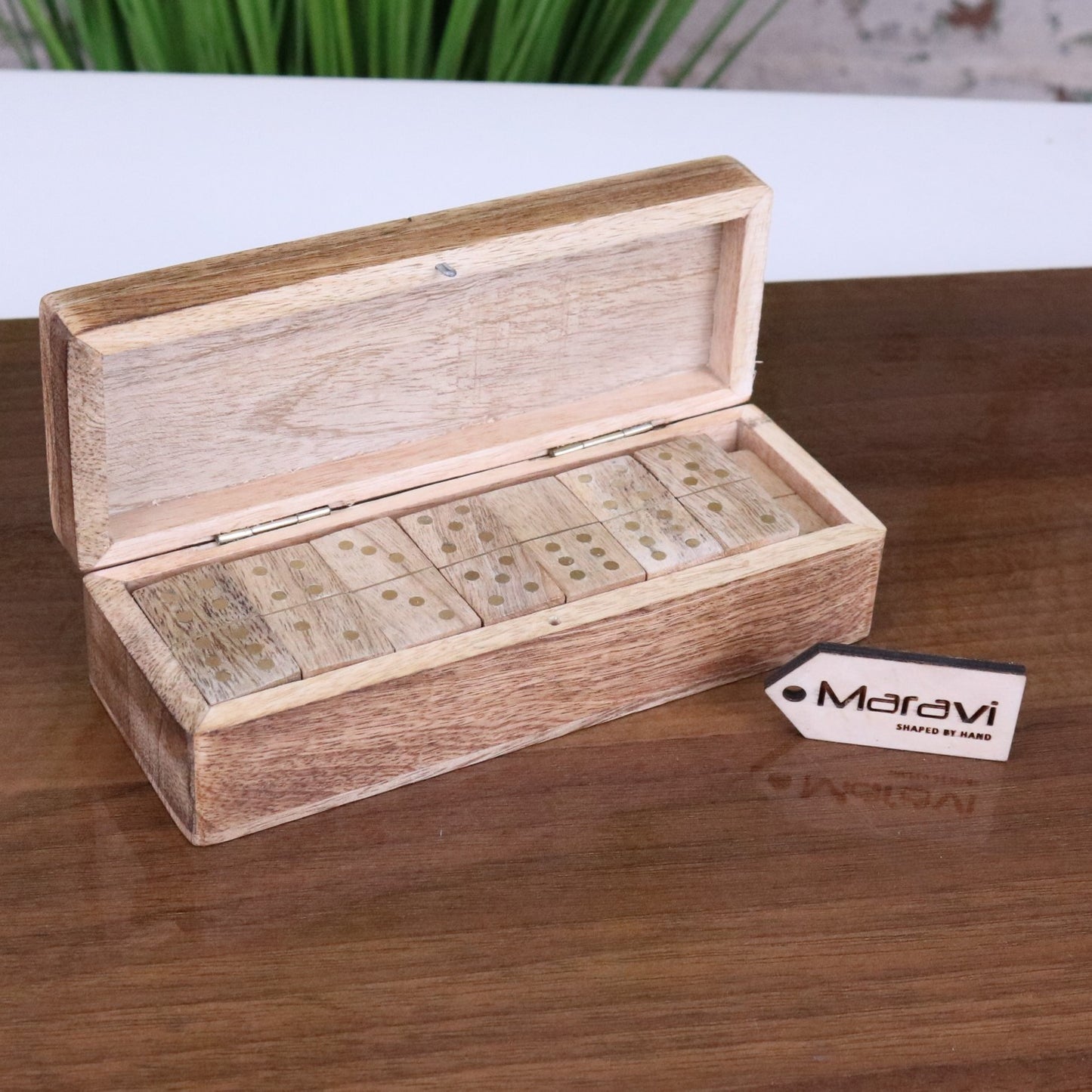 Kumari Wooden Domino Set with Box - Lid open showing dominoes stored