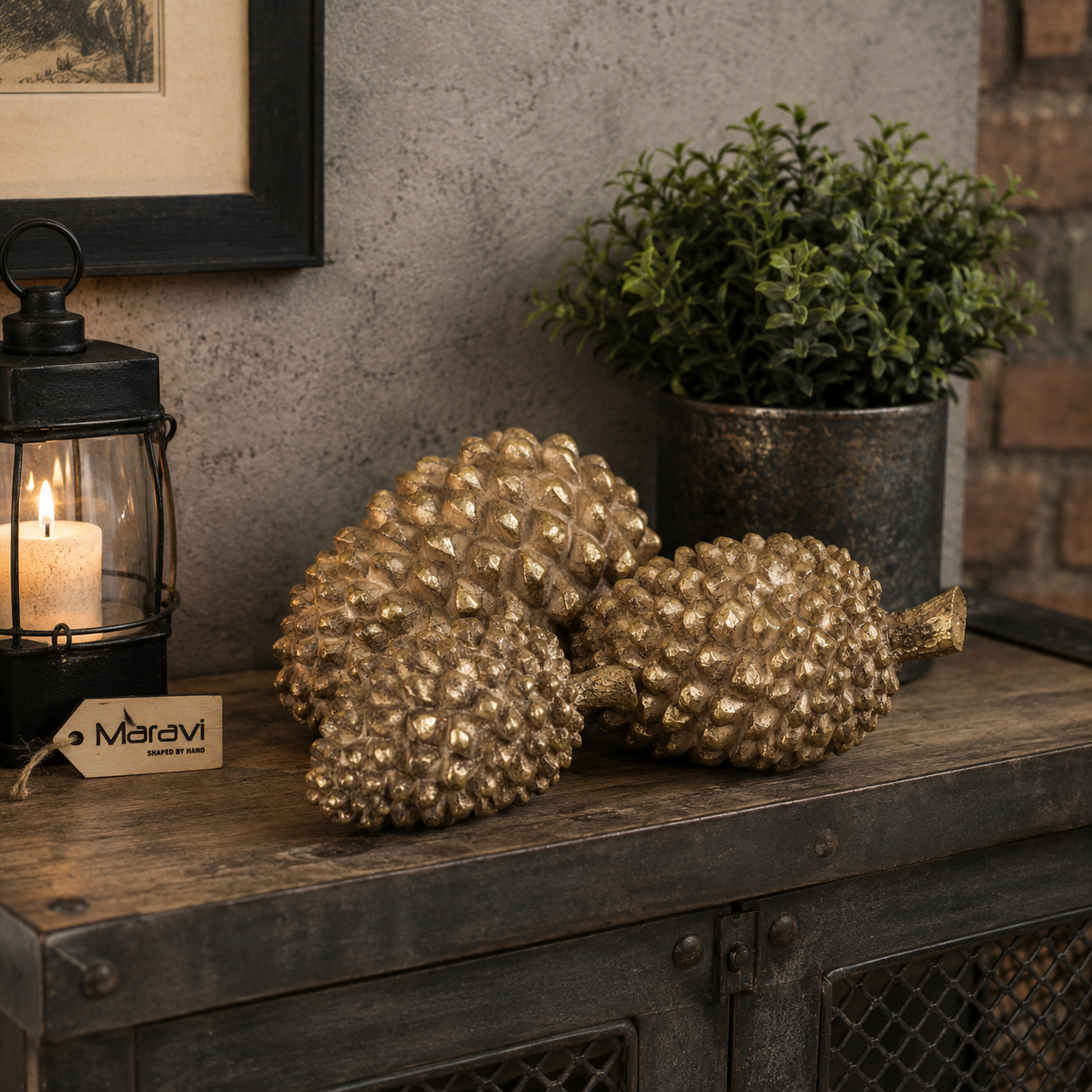 Kurki Set of 3 Antiqued Gold Pinecones Ornaments - Lifestyle Images