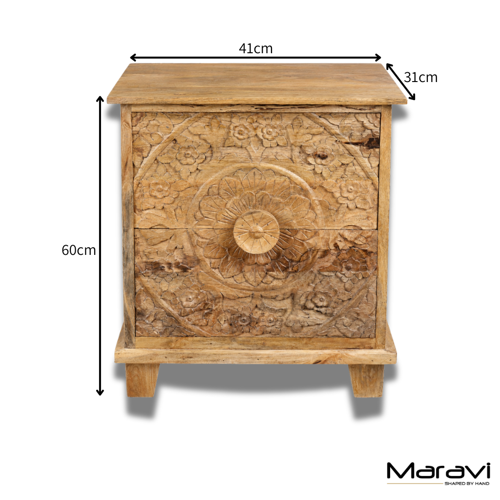 Ladha Mango Wood Carved Bedside Table Cabinet - Dimensions