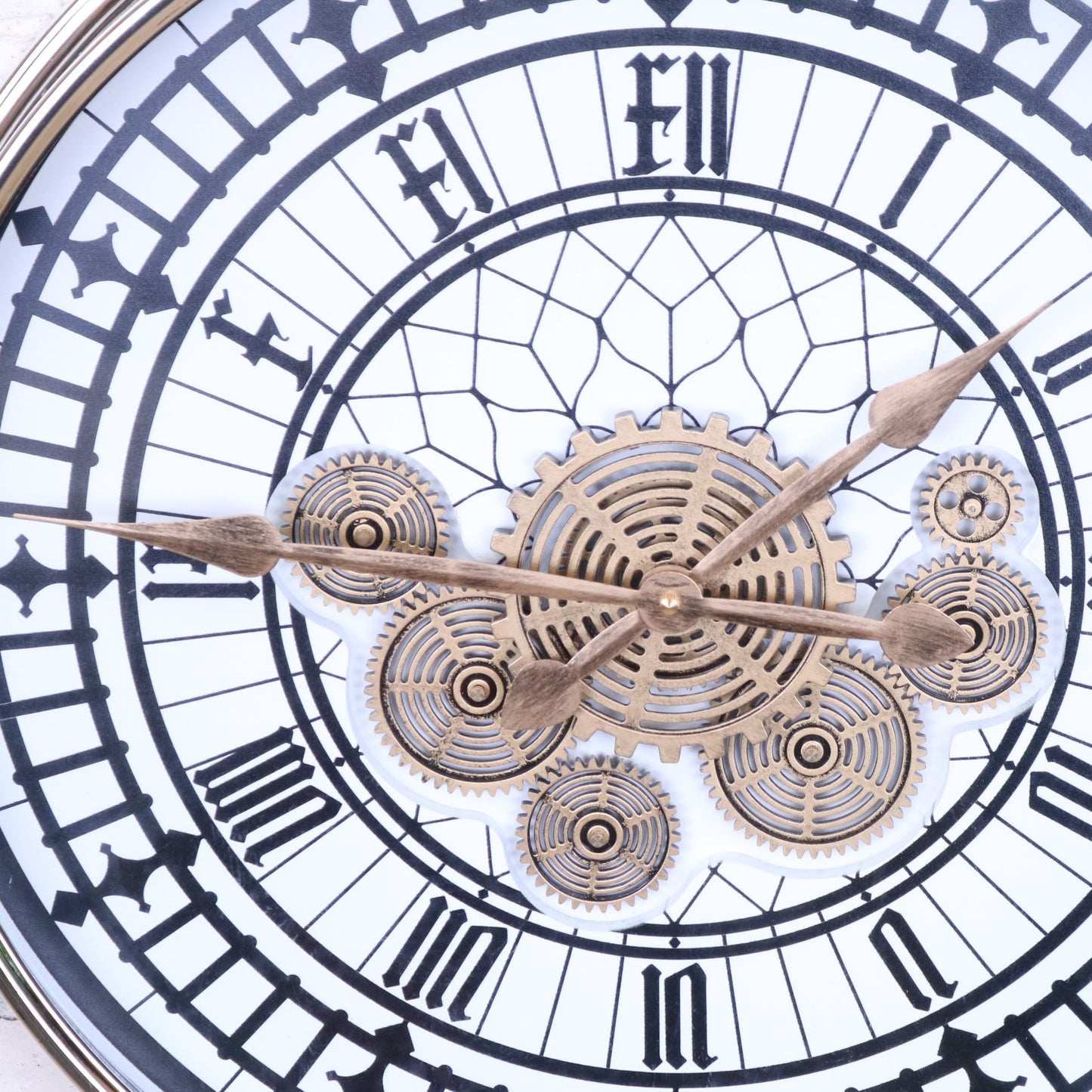 Large Wall Cog Clock Modern Roman Numeral Face - Closeup of Hands