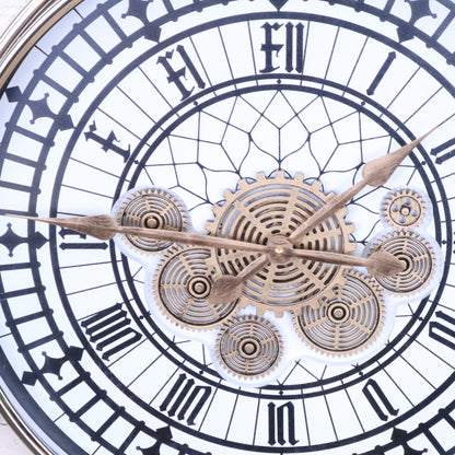 Large Wall Cog Clock Modern Roman Numeral Face - Closeup of Hands