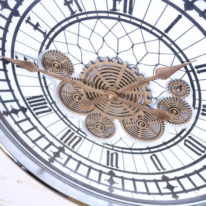 Large Wall Cog Clock Modern Roman Numeral Face - Closeup of Hands Top View
