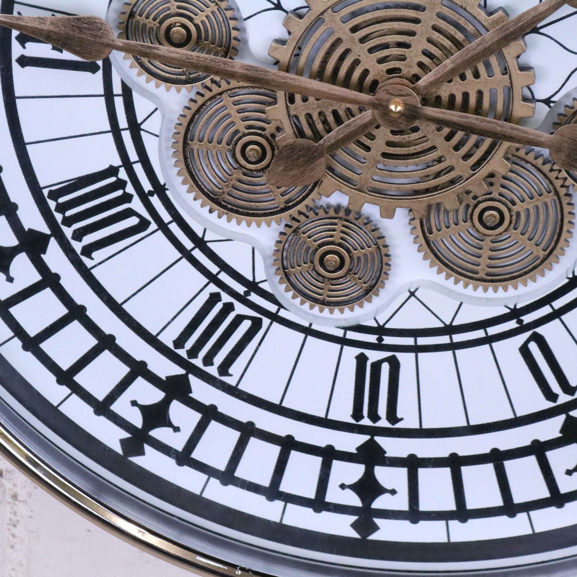 Large Wall Cog Clock Modern Roman Numeral Face - Closeup of Roman Numerals